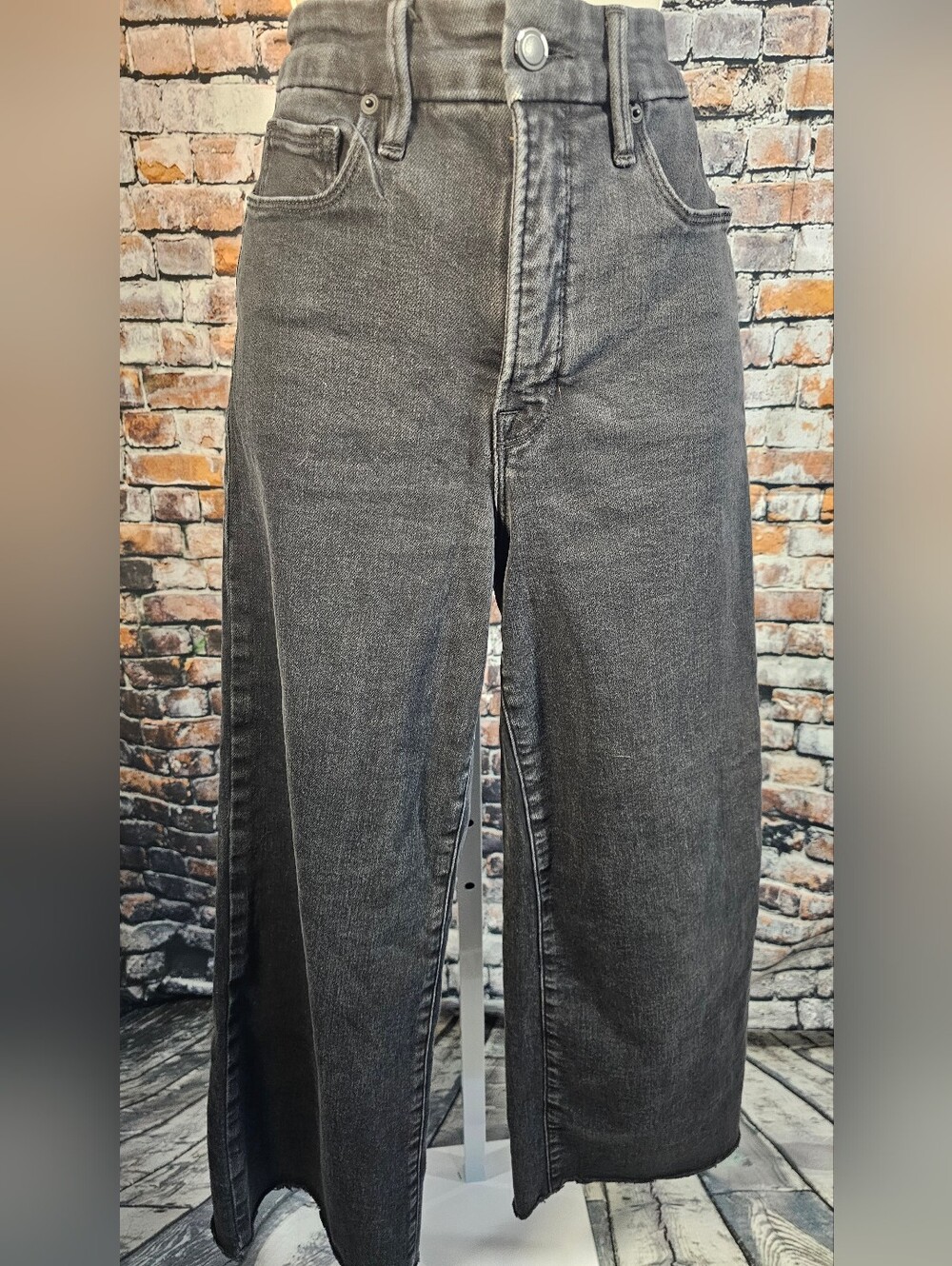 Good American Black Wide Leg Jeans Sz 27 High Rise Palazzo Raw Hem Premium Denim